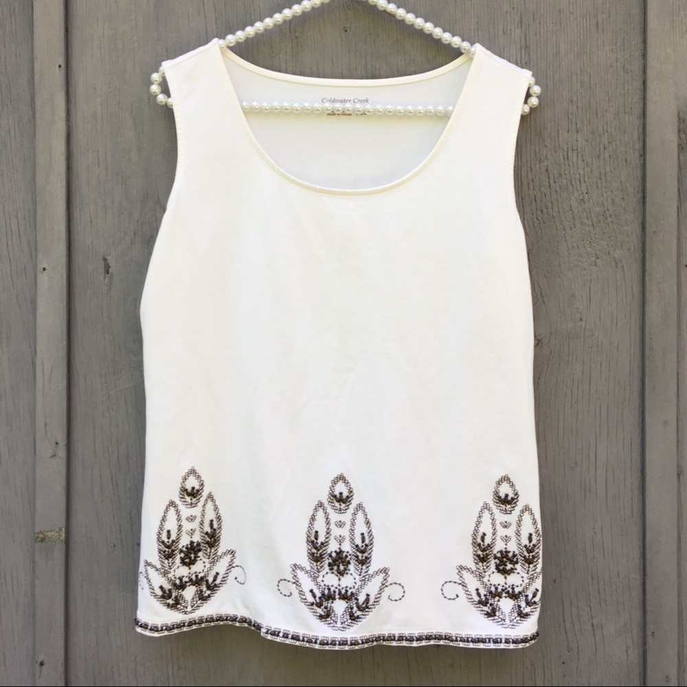Bead and Embroidered Sleeveless Stretch Top/Tank